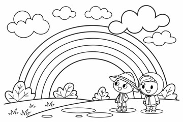kids coloring page, a bright rainbow after the rain, cartoonish, friendly, thick outlines