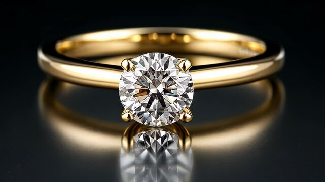A gold ring with a diamond in the center. The ring is set in gold and is very shiny