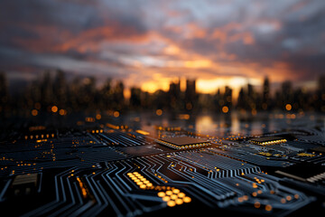 Close-up of circuit board with glowing components, blurred city skyline at sunset background, showcasing technological advancement and urban development, ideal for tech or city themes