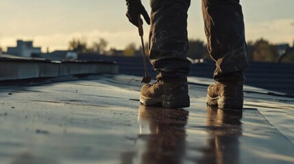 Roofing technician sealing roof joints. Featuring precision and safety