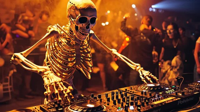 A skeleton is playing a DJ set at a Halloween party. The skeleton is holding a DJ controller and he is enjoying the music. The party is filled with people dancing and having a good time