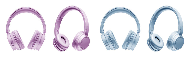 2 Set of pastel light blue purple audio stereo headphones headset earpiece earphone Earbud, front side view on transparent cutout PNG. Mockup template for artwork	