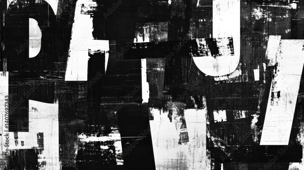 Aufkleber collage of black and white typography featuring random letters and words in a grunge style, showcasi