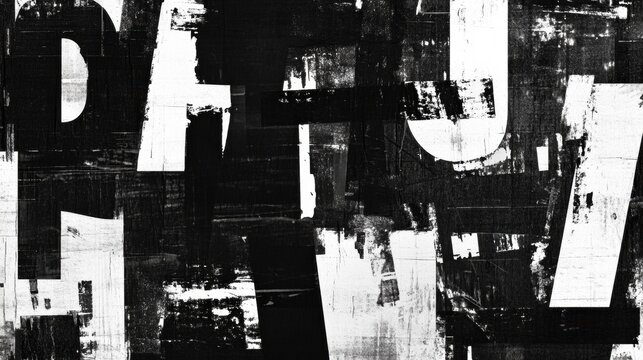 Collage of black and white typography featuring random letters and words in a grunge style, showcasing creative expression through abstract design