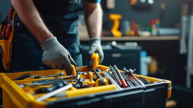 Construction worker organizing tools in a tool chest. Featuring efficiency and organization