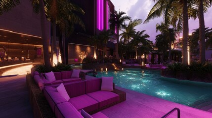 Tropical resort lounge area at night, vibrant purple lighting
