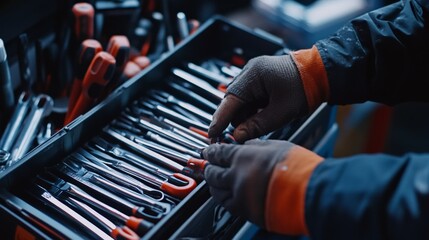 Construction worker organizing tools in a toolbox. Featuring order and readiness