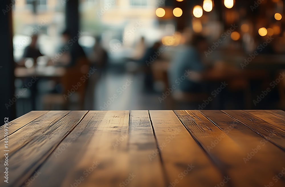 Aufkleber Close up view of a wooden table in a cozy cafe with blurred background ambiance and warm lighting : Generative AI