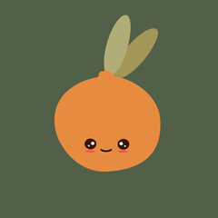 cute hand drawn cartoon character orange fruit funny vector illustration isolated on green background