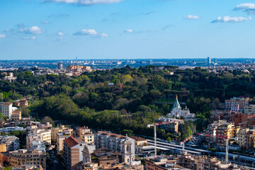 A cityscape view of the city of Rome, Italy as seen from the top of the Dome of St Peter's Basilica