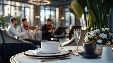 Elegant restaurant scene, musicians playing, daytime,  fine dining experience