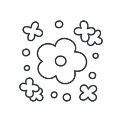 Cute floral illustration. Daisy surrounded by little flowers and sparkles. Нand drawn monochrome illustration isolated on a white background. Vector 10 EPS.