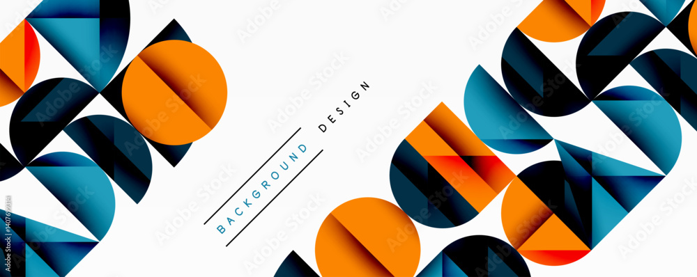 Poster Abstract geometric pattern. Overlapping circles, semicircles create dynamic composition. Orange, blue, black colors dominate white background. Modern design element.