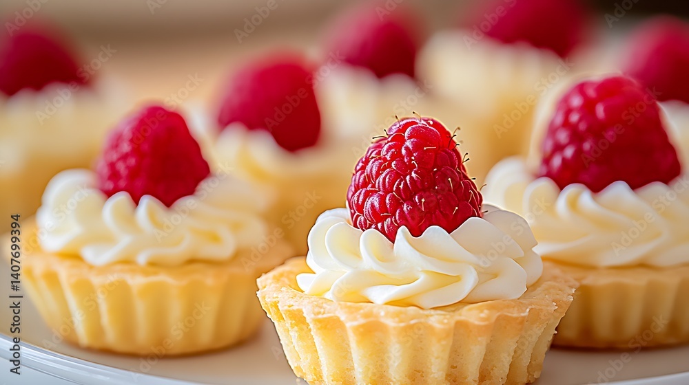 Aufkleber Delicious Raspberry Cream Tartlets with Whipped Frosting and Fresh Berries on Display : Generative AI