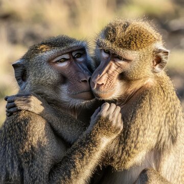 Two Baboons Embracing in Natural Habitat, Bonding Moment Captured