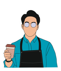 Happy barista with coffee cup take away. Young man in apron, small business owner. Vector outline colored sketch drawing isolated on white background.	