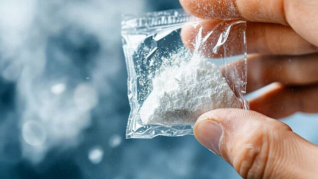Hand holding small plastic bag with white powder substance close-up.
