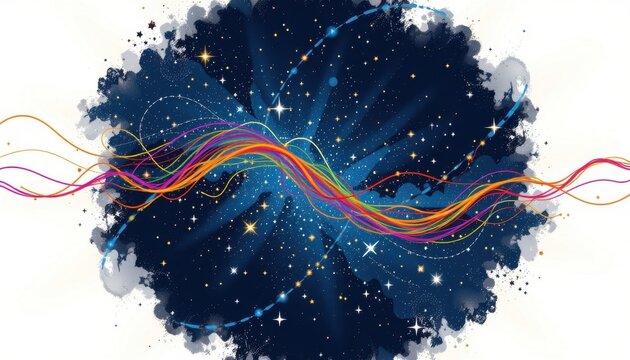 Space Time Fabric Illustrate an abstract representation of space time being woven together with colorful threads against a backdrop of twinkling stars.