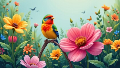 Fototapeta premium Bird in a Whimsical Garden Design a whimsical garden scene with a vividly colored bird perched among oversized, fantastical flowers and lush greenery.