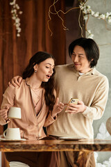 Couple joyfully discussing wedding plans in a loving, intimate setting