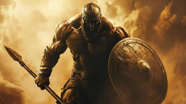 Goliath in battle, aggressive stance with a shield and spear, dynamic lighting highlighting his massive form, high-resolution, battlefield background with tension in the air