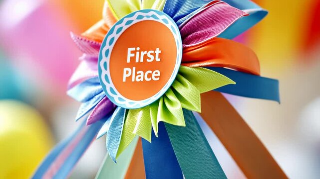 Colorful first place award ribbon with vibrant multi-colored background.
