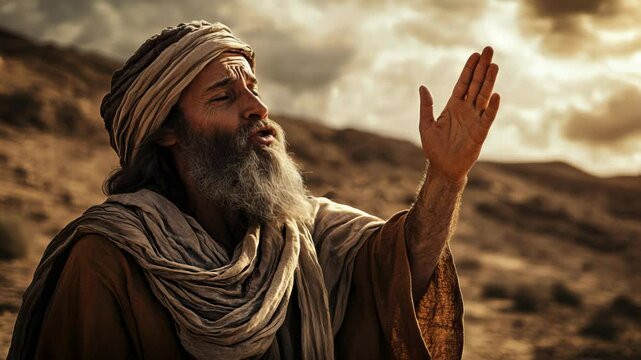 Isaiah in the wilderness, delivering a prophecy, intense and passionate expression, raising his hand towards the heavens, high-resolution, barren desert landscape with dramatic lighting