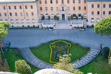 A cityscape view of the city of Rome, Italy as seen from the top of the Dome of St Peter's Basilica