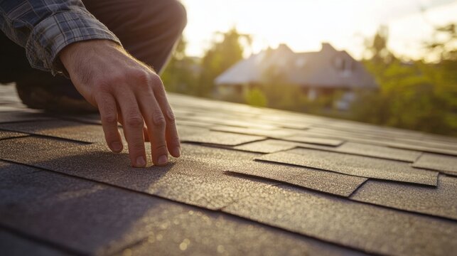 Roofing worker inspecting newly installed roof for leaks. Featuring precision and protection
