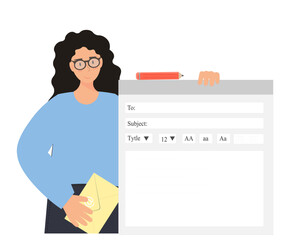 Person sending e-mail by internet, edit mail, business email marketing, Email advertisement, flat vector illustration