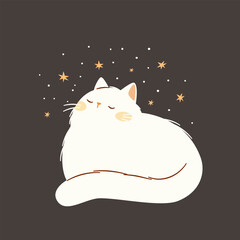 Flat vector illustration in a simple children's style. Cute white cat on dark background with stars . Vector illustration © Alena