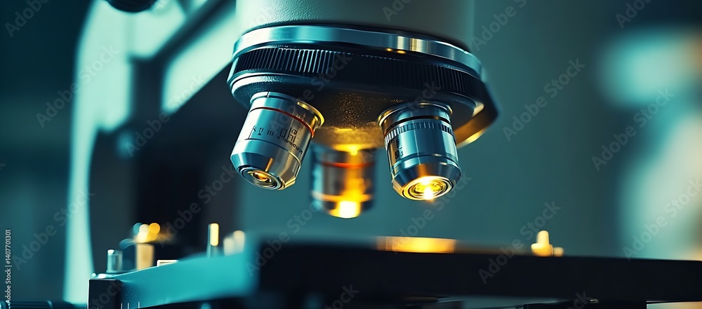 Leinwandbilder elegant microscope with illuminated lenses and stage captured in a scientific laboratory setting : g