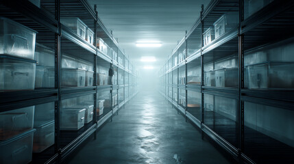 Long corridor with metal shelving units filled with transparent plastic boxes, creating a cold, industrial atmosphere, showcasing storage or archive concept