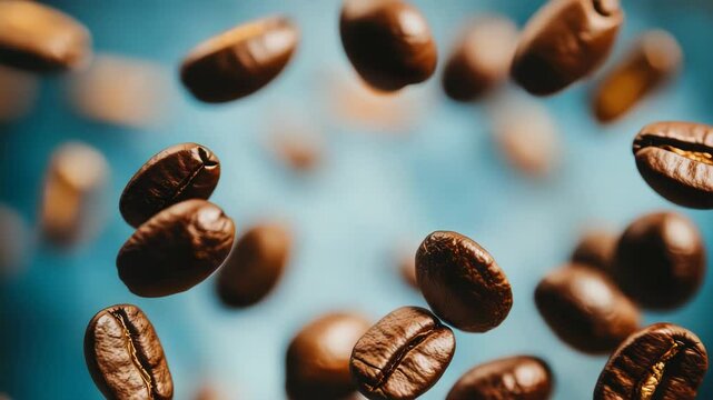 A close up of coffee beans in the air. The beans are brown and scattered in different directions