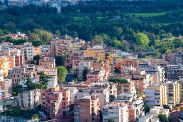 A cityscape view of the city of Rome, Italy as seen from the top of the Dome of St Peter's Basilica