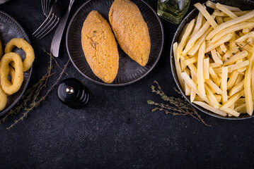 Frozen food assortment. Potato hashbrowns and french fries