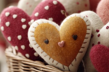 Cute handmade fabric hearts in a woven basket, perfect for gifts on special occasions