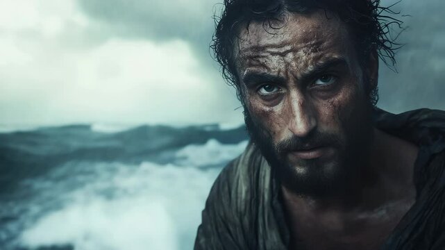Portrait of Jonah, weathered and intense expression, rugged face from time spent in the belly of the whale, wearing simple tattered clothing, standing by the sea