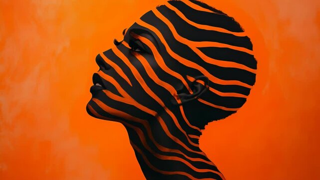 A woman's face is painted with black and orange stripes. The painting is abstract and has a bold, striking appearance