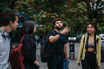 Obraz premium A professor interacts with a diverse group of students in a park setting. This conveys a learning atmosphere filled with collaboration and engagement in a natural, outdoor environment.