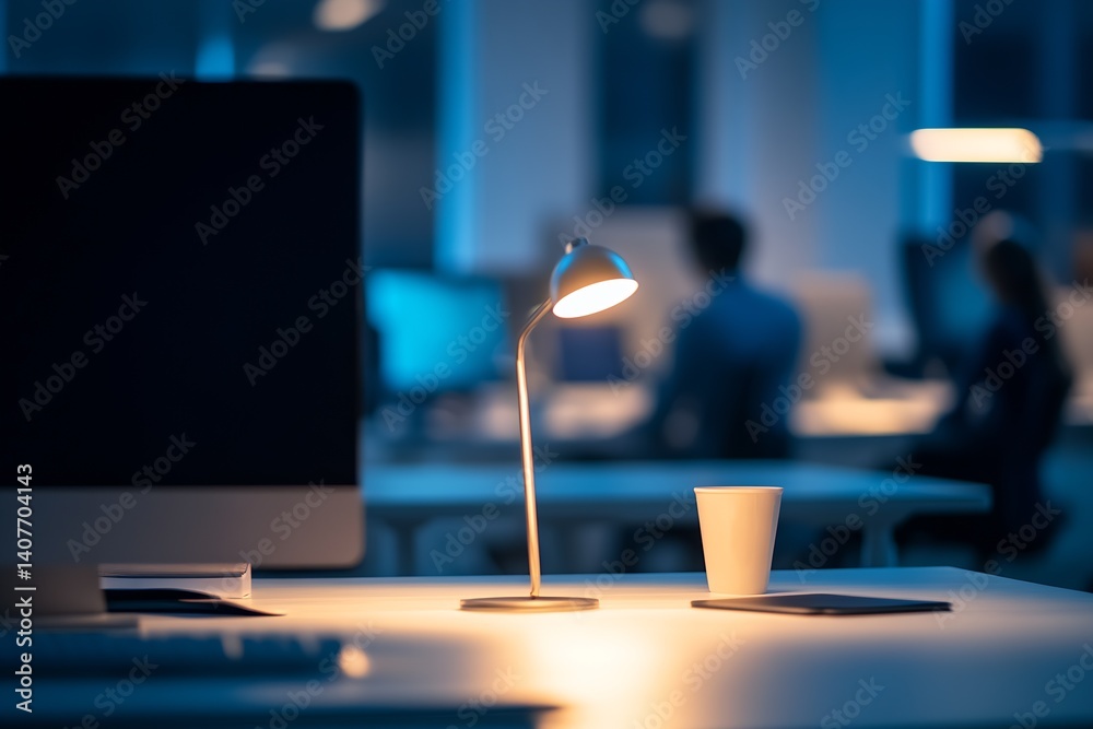 Poster cozy office setting with a desk lamp and coffee cup illuminating a productive workspace at night : g