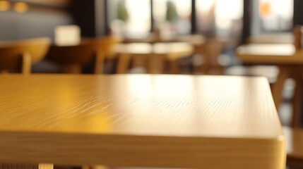 Close up perspective of a sleek wooden table surface showcasing craftsmanship in a contemporary cafe setting : Generative AI