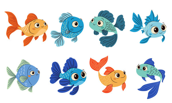 Set of flat vector illustrations in simple child style on white background. Cute aquarium fish of different colors . Vector illustration