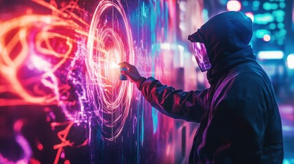 Urban artist creates vibrant street art at night using spray paint and neon colors in a bustling city