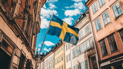 A flag is flying in the air in front of a building. The flag is blue and yellow
