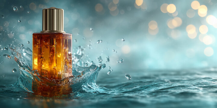 Amber perfume bottle in water splash, gold cap, teal background, bokeh lights.  Showcase product presentation, luxury, freshness concept