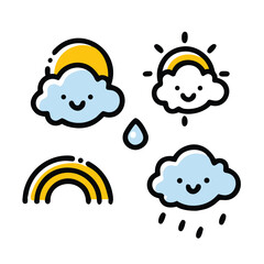 Minimalist Weather Icon Line Art Doodle Collection – Sun, Rain, Cloud & Rainbow