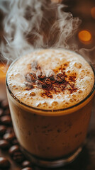 A warm cup of coffee, garnished with coffee beans and cocoa, emits a delightful steam.