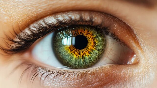 A woman's eye is shown in a close up. The eye is green and has a yellow iris. The eye is surrounded by a dark brown rim