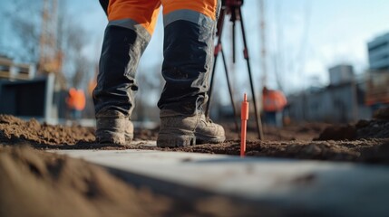 Surveyor marking boundaries at a construction site. Featuring precision and land measurement